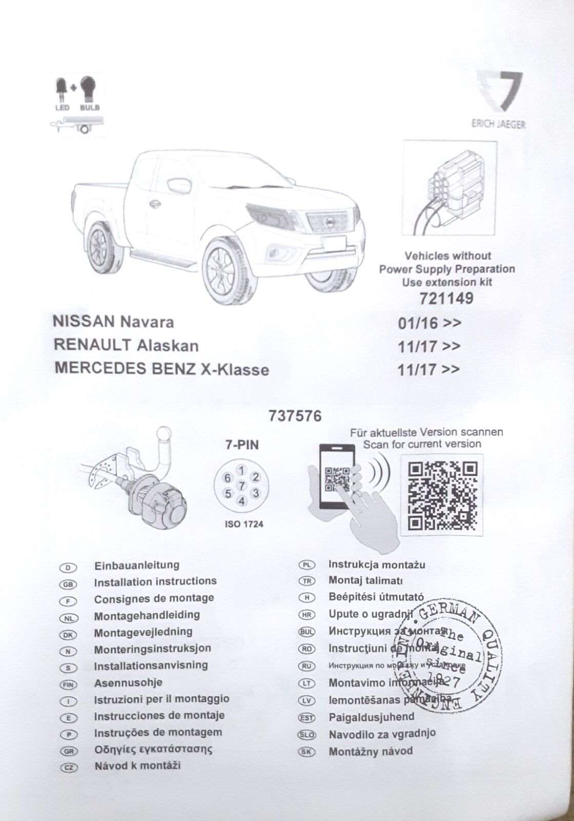 Erich Jaeger 7 pin Towbar Wiring Kit 737576 Nissan Navara D23 Mercedes X Class Condition: New