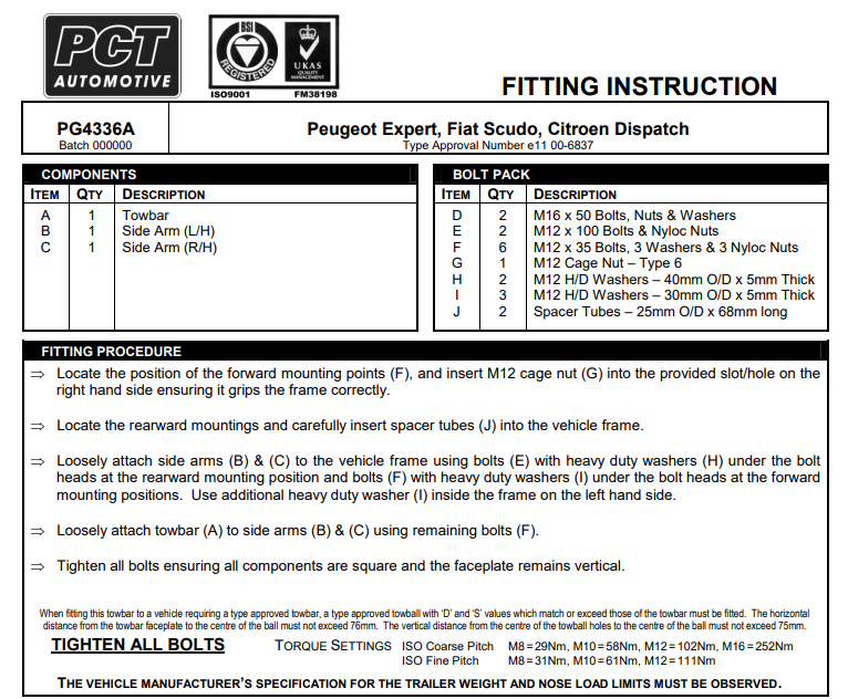 PCT Fixed Flange Towbar Peugeot Expert Citroen Dispatch Fiat Scudo Van 2007-2016 PG4336