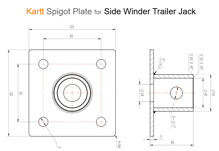 Bolt On Spigot Plate for Kartt KPJ415 & KPJ535 Side Wind Trailer Jacks