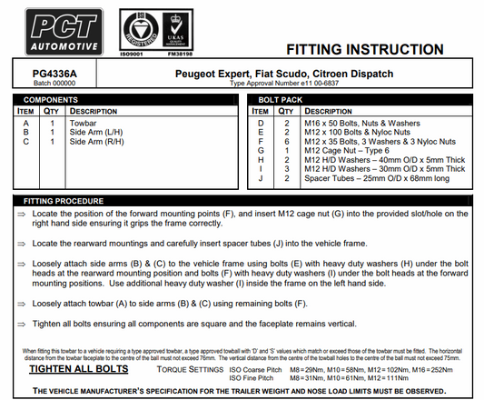 PCT Fixed Flange Towbar Peugeot Expert Citroen Dispatch Fiat Scudo Van 2007-2016 PG4336